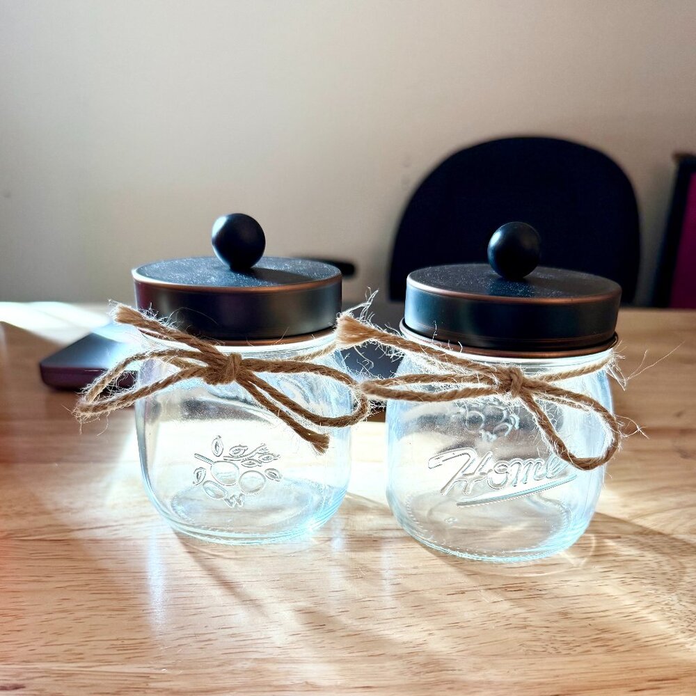 Oil Rubbed Bronze Glass Jars Bathroom Kitchen Organizers Apothecary Vanity 2 Pk